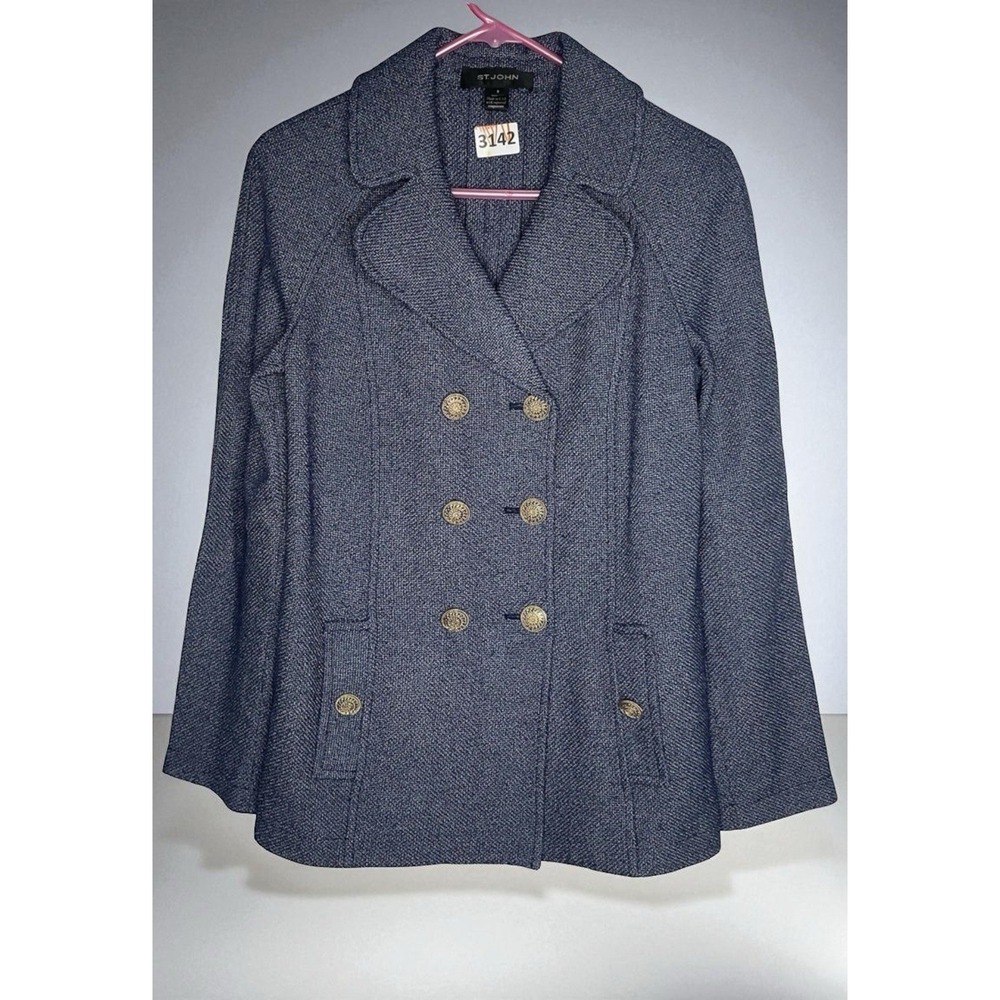 St John Blazer Jacket Blue Knit Wool Double Breasted Textured Pleated Back 6